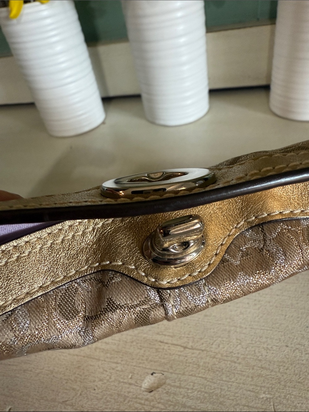Coach y2k Gold Signature Jacquard Shoulder Bag with Floral Charm - Picture 11 of 14